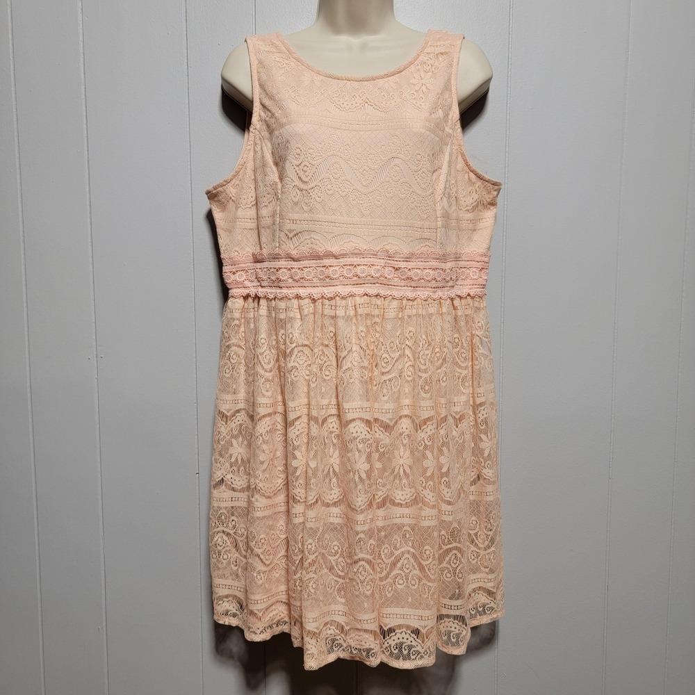 Pinky Womens Peach Floral Lace Sleeveless Fit & Flare Dress XL Crochet Trim Boho